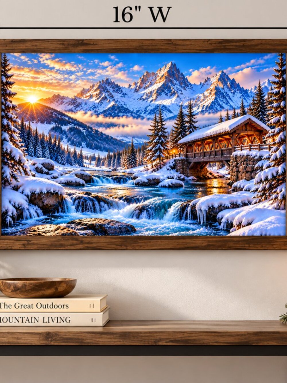 Winter Mountain Wall Art, Covered Bridge Snow Print - Picture 7 of 10